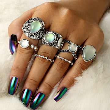 7pcs/set Vintage Geometric Big Stone Opal Rings Set For Women Bohemian Antique Silver Color Carved Knuckle Rings Fashion Jewelry daiiibabyyy